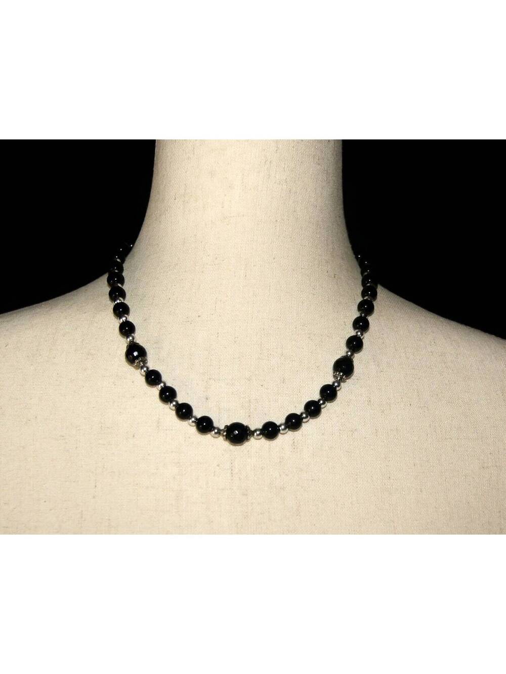 Vintage Silver Tone & Black Plastic Beads 19" Necklace with Lobster Claw Clasp.